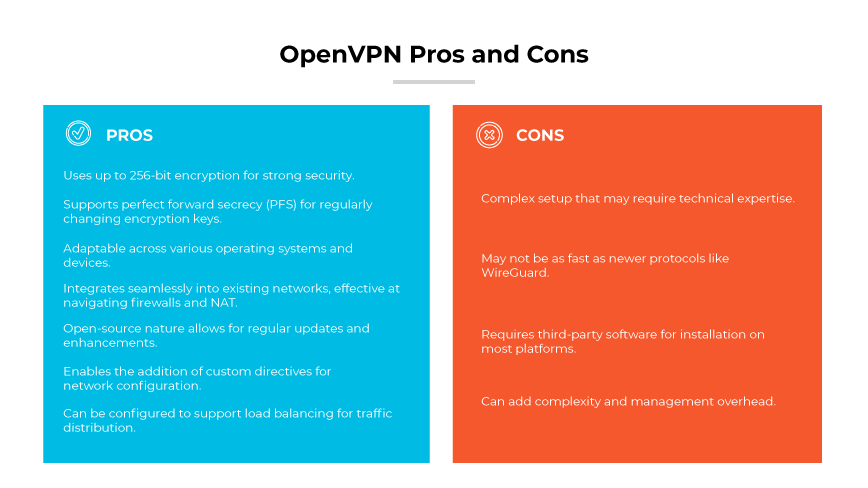 OpenVPN pros (security, PFS, adaptable, integration, open source, custom directives, load balancing) and cons (complex, 3P software) OpenVPN pros (security, PFS, adaptable, integration, open source, custom directives, load balancing) and cons (complex, 3P software)