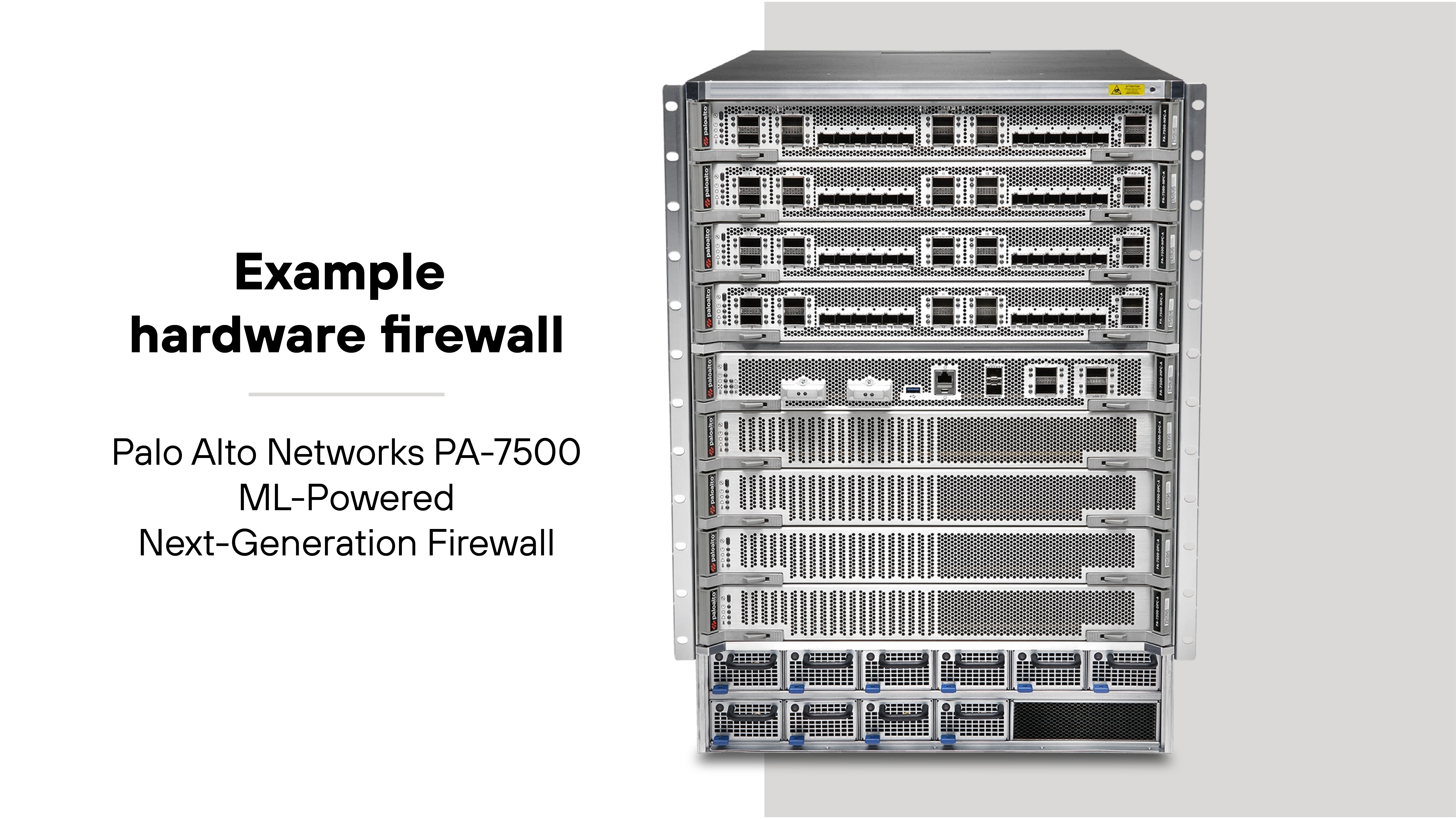 The image shows a large metal hardware firewall appliance with multiple horizontal slots stacked vertically, each containing rows of network ports and indicator lights. The chassis is silver with black vented panels, and the bottom section has several cooling fans arranged in a grid. To the left of the device, text reads 'Example hardware firewall' in bold black font, with smaller text below stating 'Palo Alto Networks PA-7500 ML-Powered Next-Generation Firewall'. The image shows a large metal hardware firewall appliance with multiple horizontal slots stacked vertically, each containing rows of network ports and indicator lights. The chassis is silver with black vented panels, and the bottom section has several cooling fans arranged in a grid. To the left of the device, text reads 'Example hardware firewall' in bold black font, with smaller text below stating 'Palo Alto Networks PA-7500 ML-Powered Next-Generation Firewall'.
