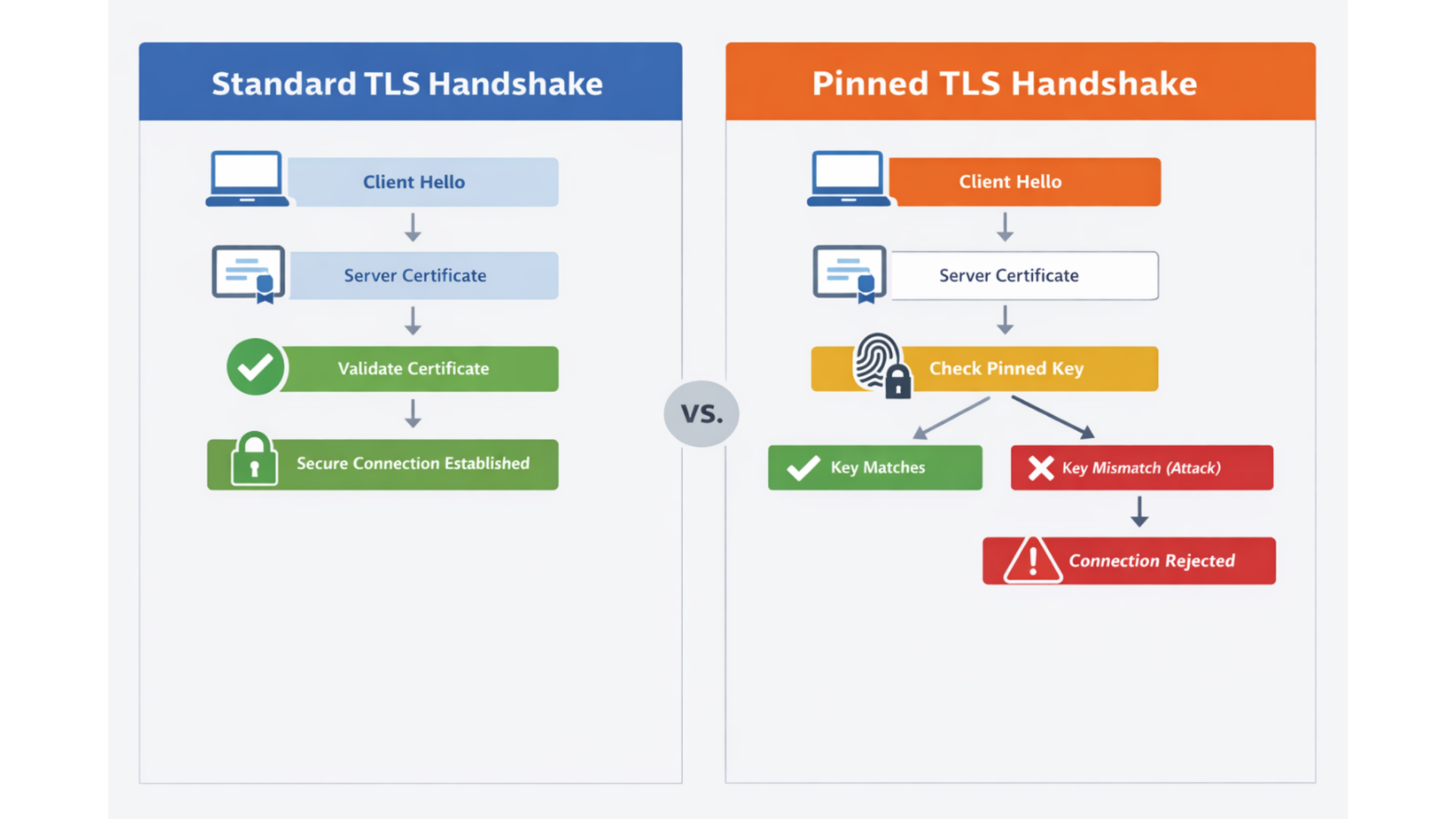 Side-by-side comparison: Standard TLS Handshake vs. Pinned TLS Handshake